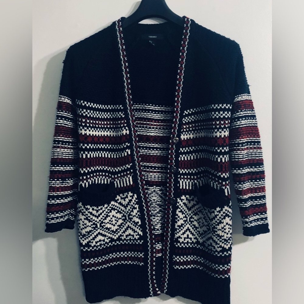 Forever 21 knitted cardigan V-neck two front pockets snap buttons down blue.SP